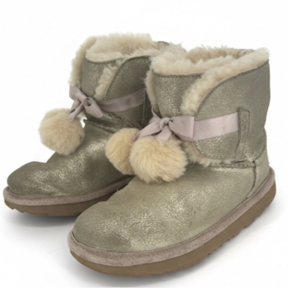 UGG Gita Gold Metallic Pink Trim Pom Pom Boots Girls Size 2